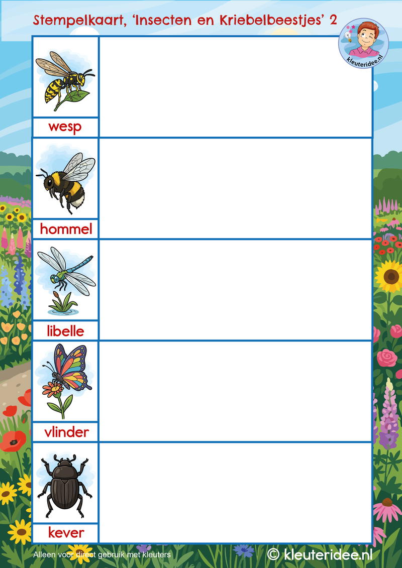 stempelkaart thema insecten en kriebelbeestjes 2 kleuteridee